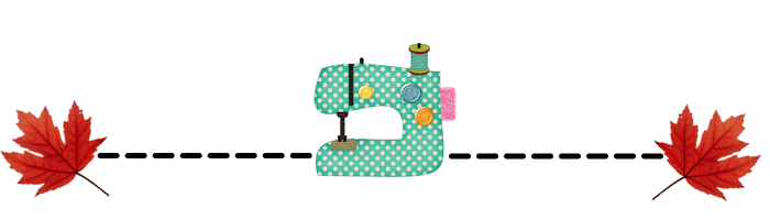 Separador digital a base de línea negra discontinua con hojas de arce otoñales en los extremos y con una máquina de coser con multitud de colores en la parte central